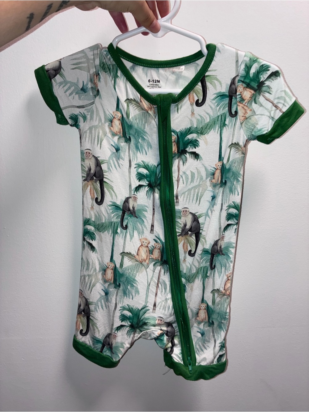 BAMBOO Green-Trim Palm & Monkey Print Baby One-Piece